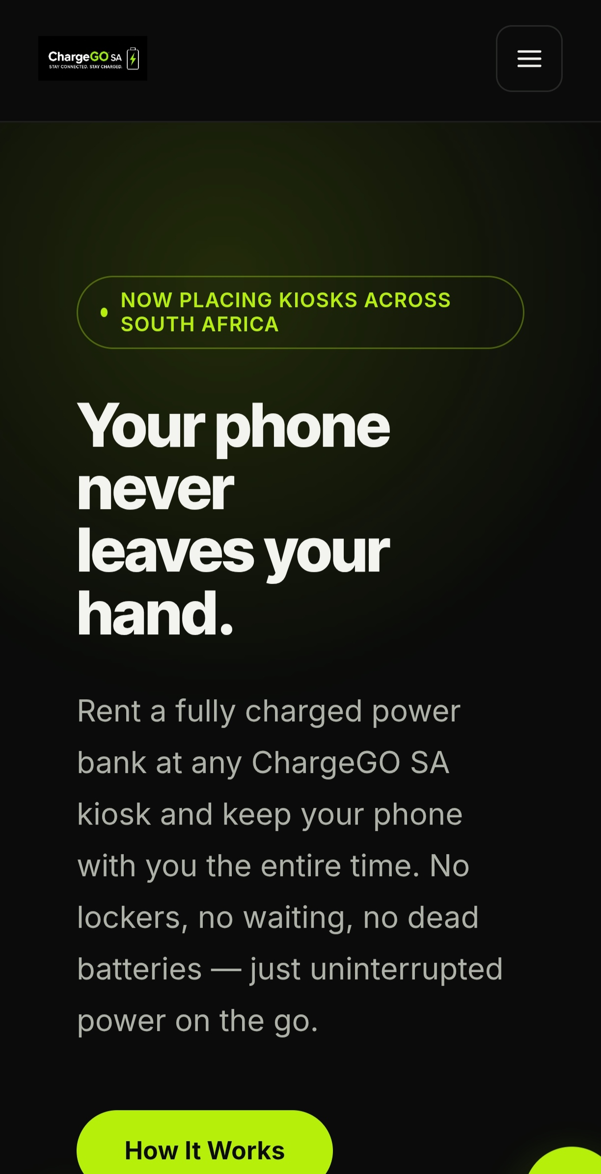 ChargeGO SA website shown on a mobile phone, designed by SAGE
