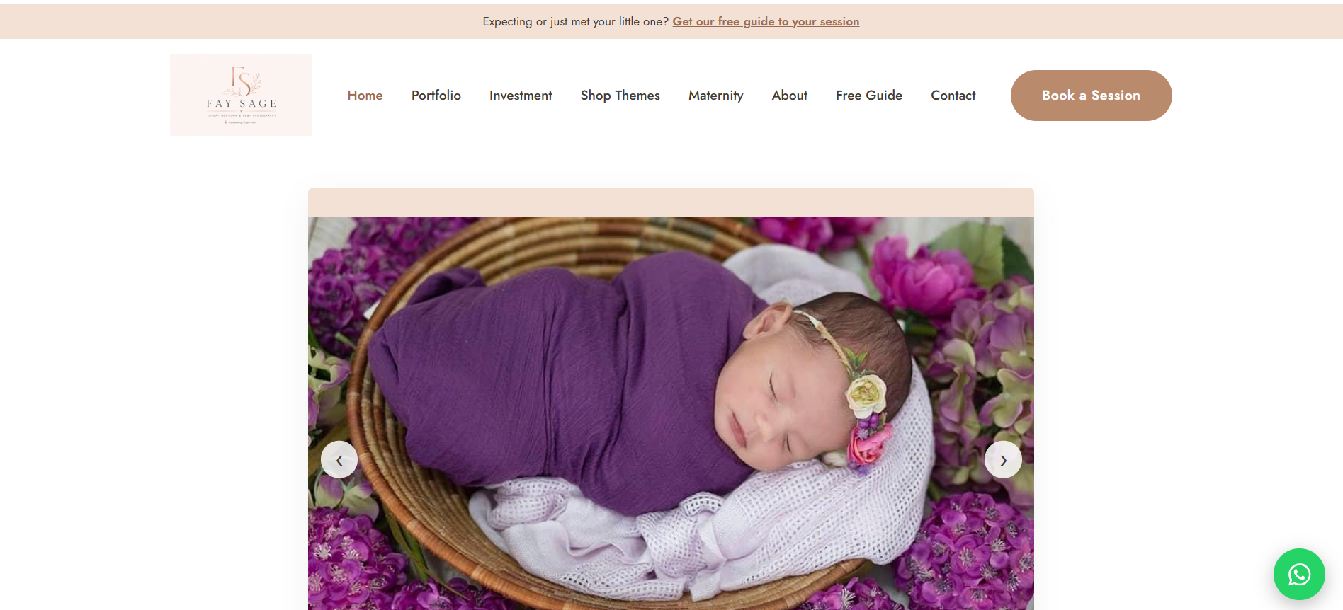 Fay Sage Photography website homepage designed by SAGE — a minimal, gallery-first newborn photography site